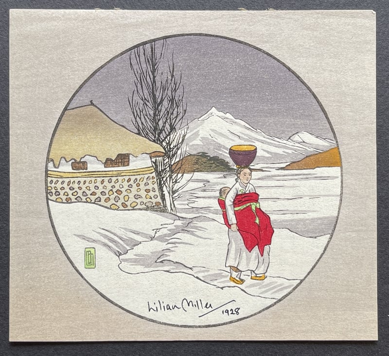 Korean Woman Walking in Snow by Lilian May Miller