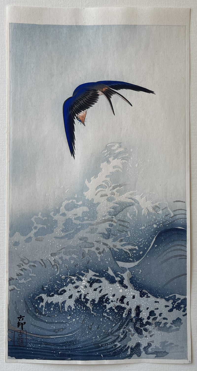 Barn Swallows in Flight above Water with Large Waves by Ohara Koson