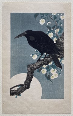 Crow on Cherry Branch with Moon