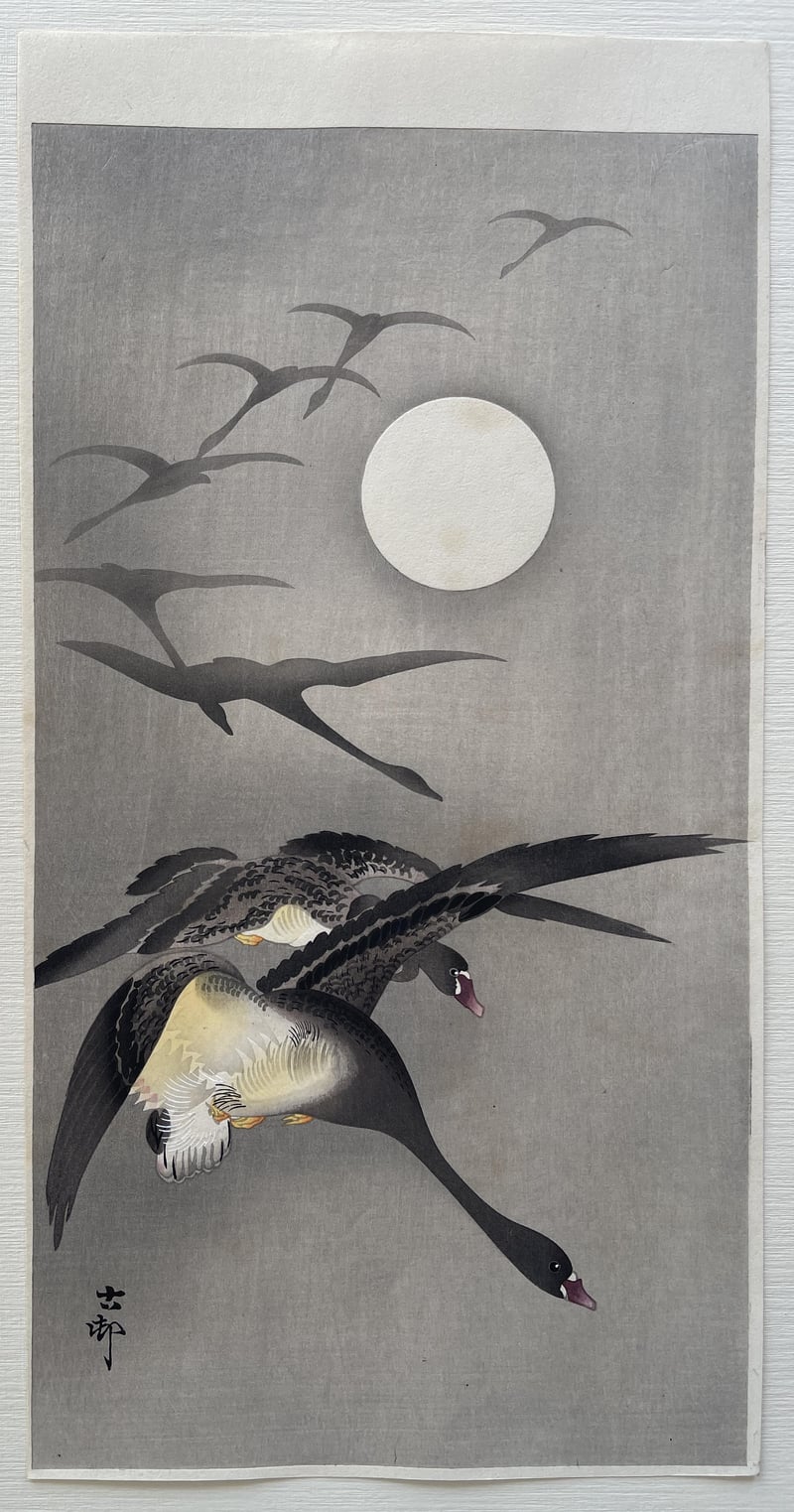Eight White-Fronted Gees in Flight, a Full Moon Behind by Ohara Koson