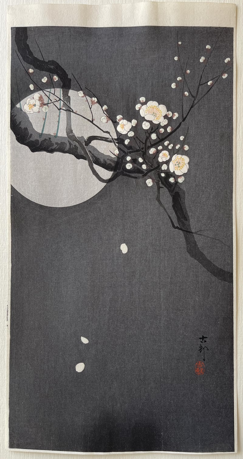 Flowering Plum and Moon by Ohara Koson