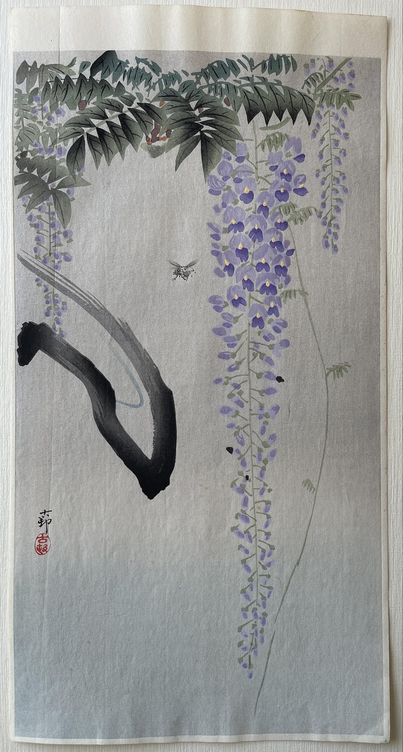 Insect next to Flowering Wisteria by Ohara Koson