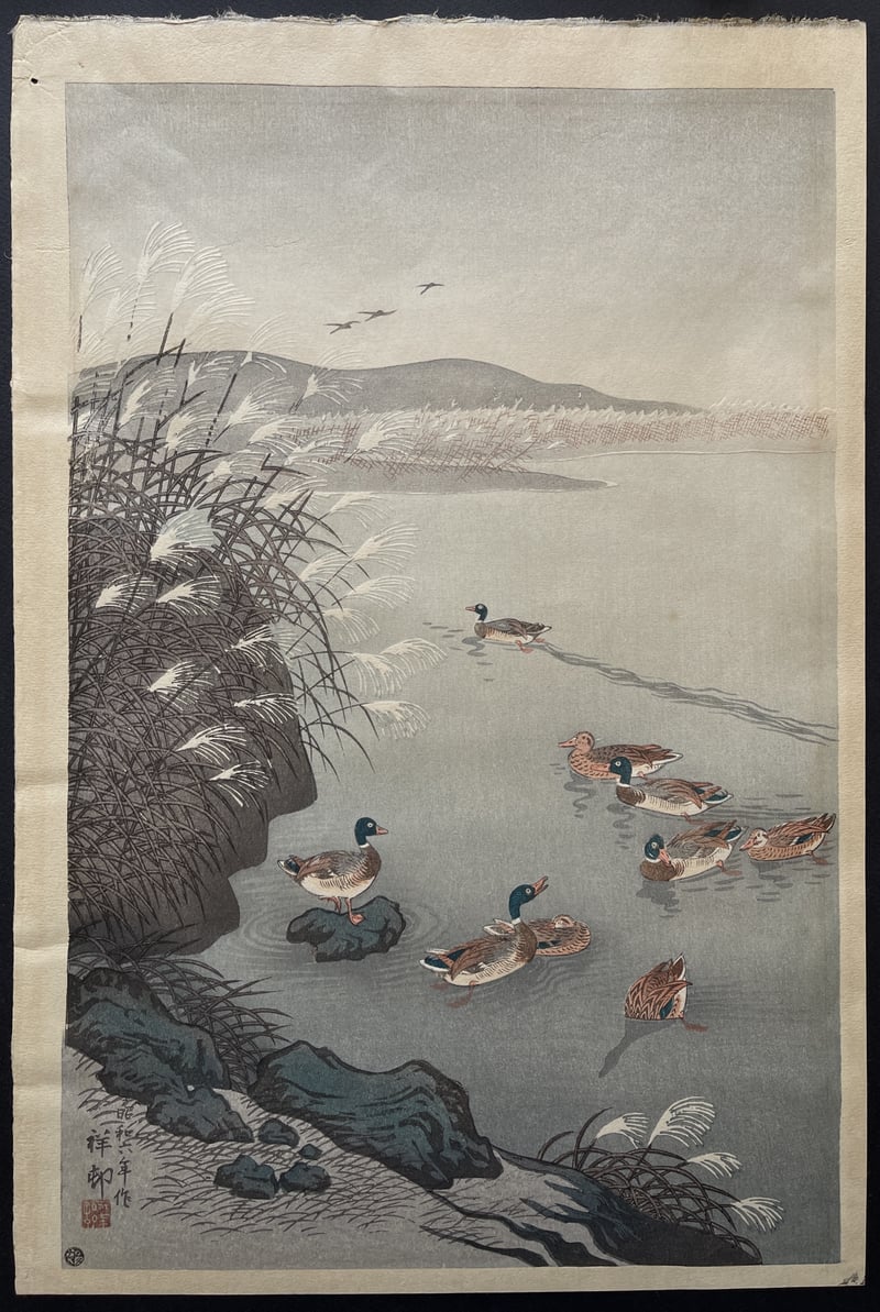 Mallards in a Coastal Scene (Showa) by Ohara Koson