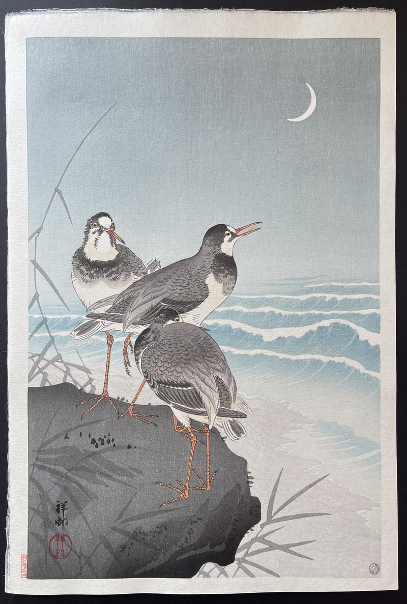 Thee Plovers on a Rock, the Seaside and a Crescent Moon behind. (Heisei) by Ohara Koson