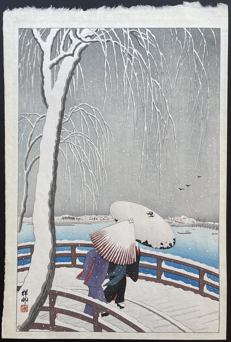 Snow on Willow Bridge by Ohara Koson