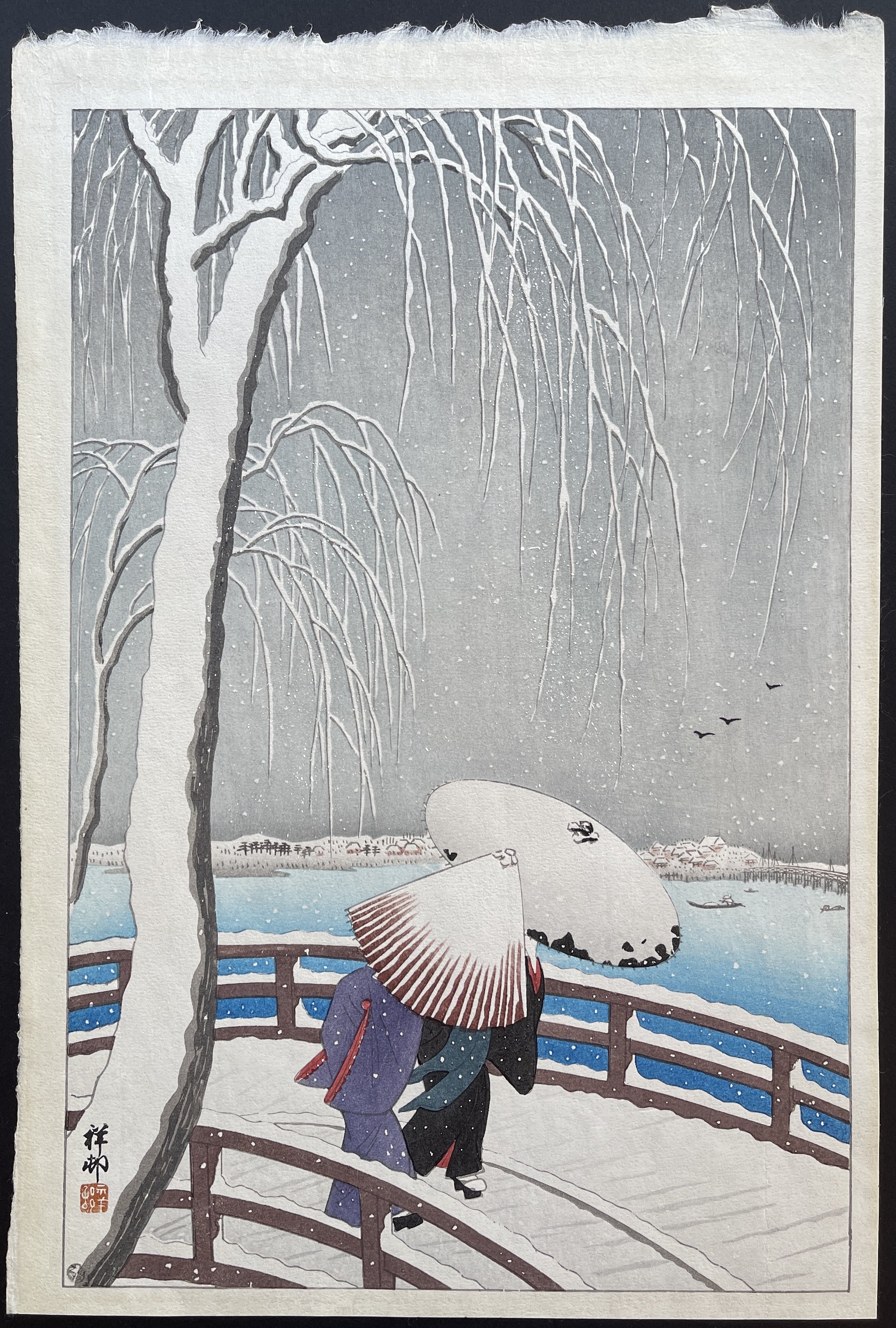 Snow on Willow Bridge by Ohara Koson — Japanese Woodblock Print
