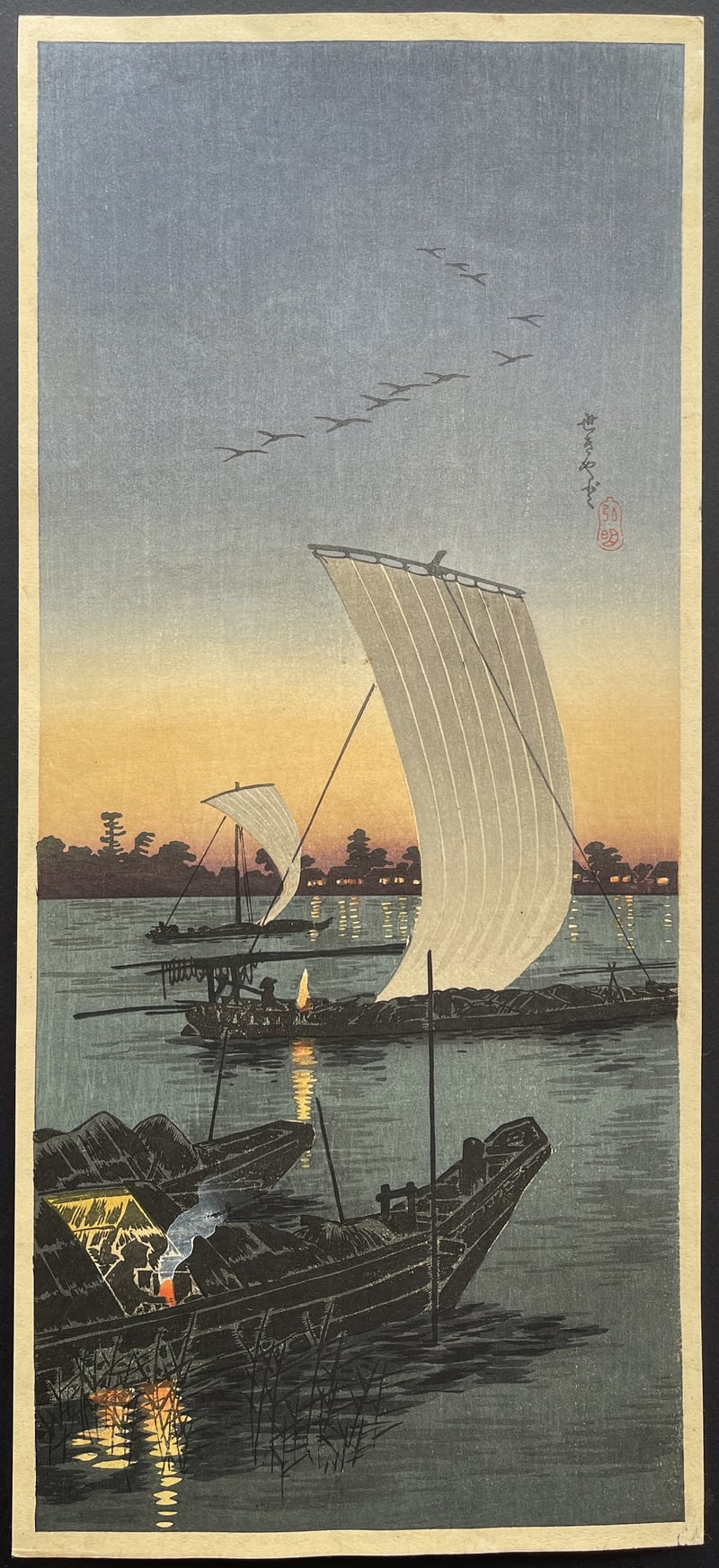 Sailboats in Sunset at Sekiyado by Takahashi Shotei
