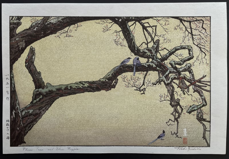 Plum Tree & Blue Magpie by Toshi Yoshida